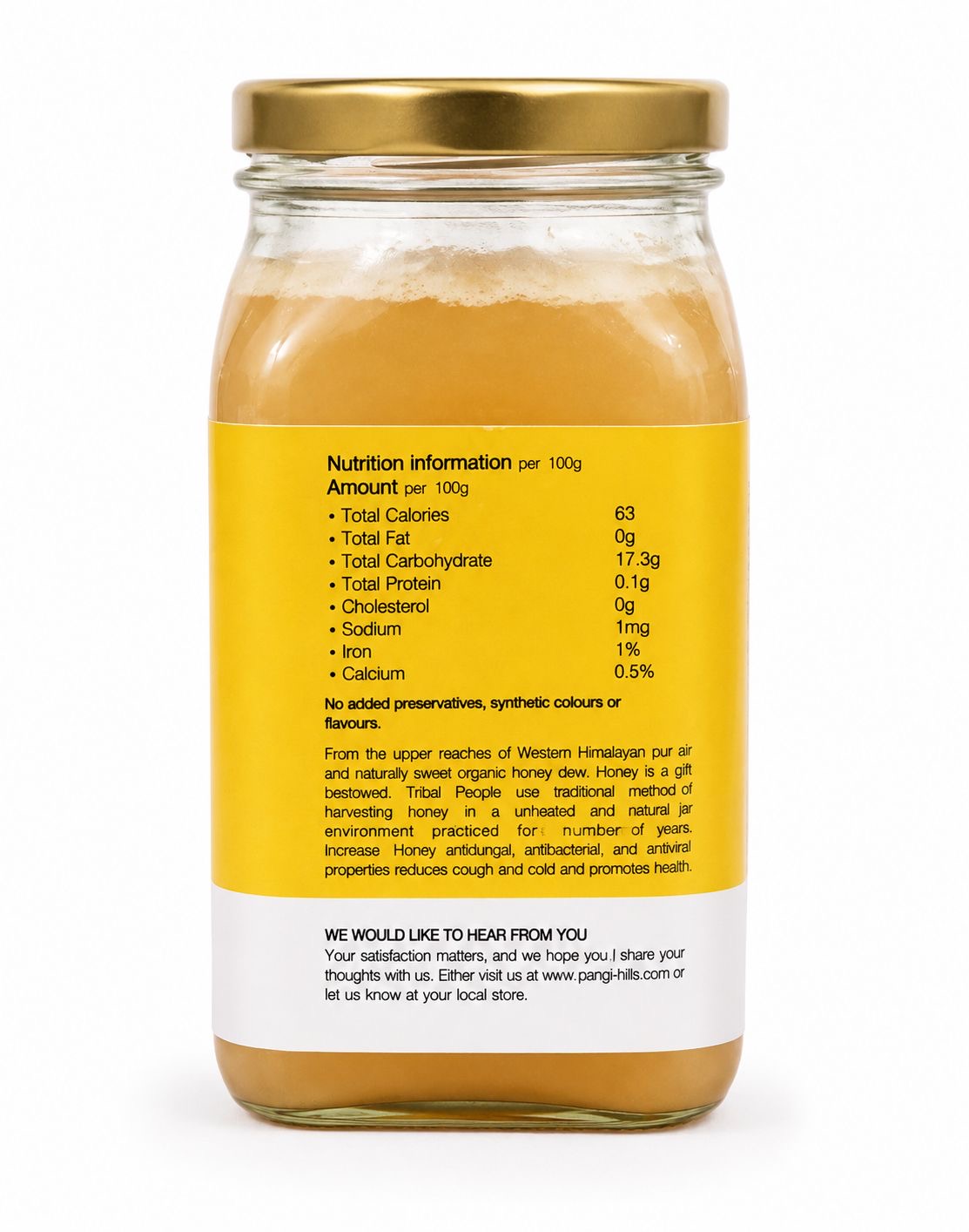 Pangi Hills white honey nutritional information label
